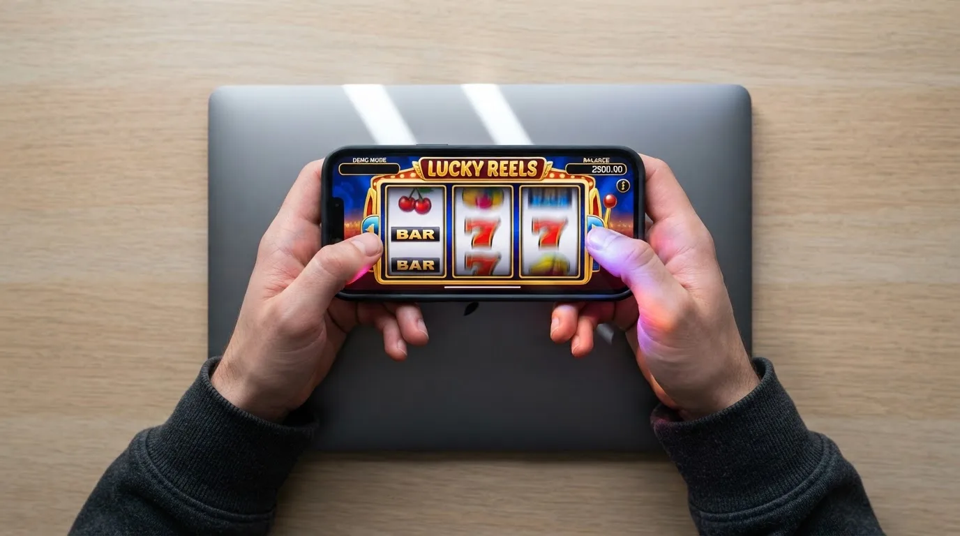 Person hält ein Smartphone mit einem geöffneten Spielautomaten im Testmodus vor einem Laptop.